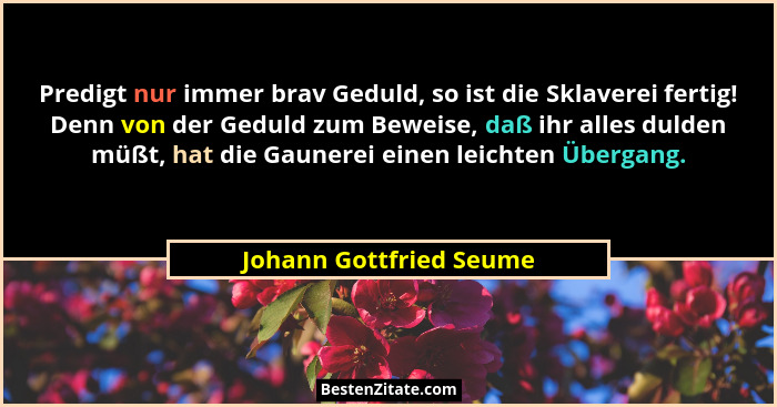 Predigt nur immer brav Geduld, so ist die Sklaverei fertig! Denn von der Geduld zum Beweise, daß ihr alles dulden müßt, hat d... - Johann Gottfried Seume