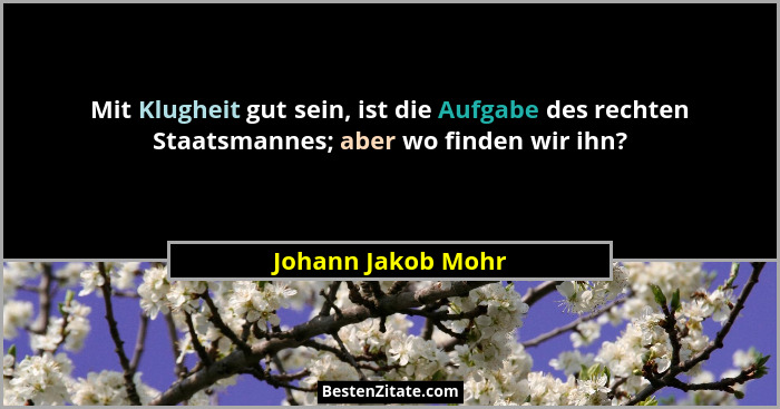 Mit Klugheit gut sein, ist die Aufgabe des rechten Staatsmannes; aber wo finden wir ihn?... - Johann Jakob Mohr
