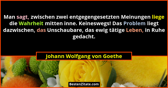 Man sagt, zwischen zwei entgegengesetzten Meinungen liege die Wahrheit mitten inne. Keineswegs! Das Problem liegt dazwisc... - Johann Wolfgang von Goethe