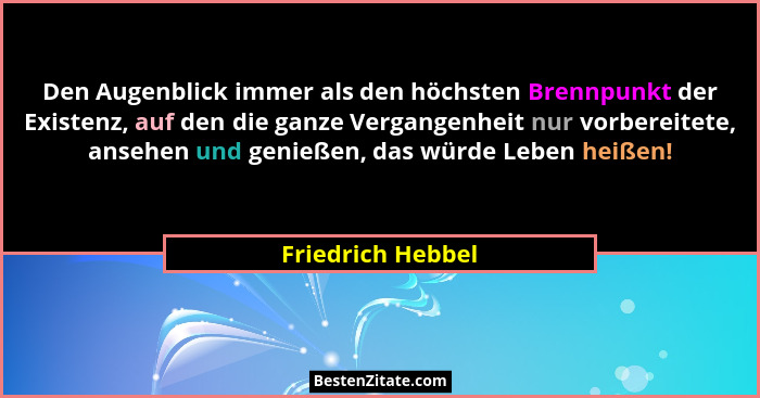 Den Augenblick immer als den höchsten Brennpunkt der Existenz, auf den die ganze Vergangenheit nur vorbereitete, ansehen und genieß... - Friedrich Hebbel