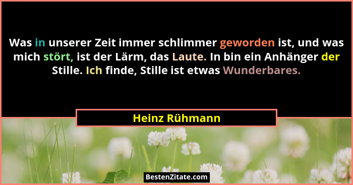 Was in unserer Zeit immer schlimmer geworden ist, und was mich stört, ist der Lärm, das Laute. In bin ein Anhänger der Stille. Ich fin... - Heinz Rühmann