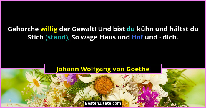 Gehorche willig der Gewalt! Und bist du kühn und hältst du Stich (stand), So wage Haus und Hof und - dich.... - Johann Wolfgang von Goethe