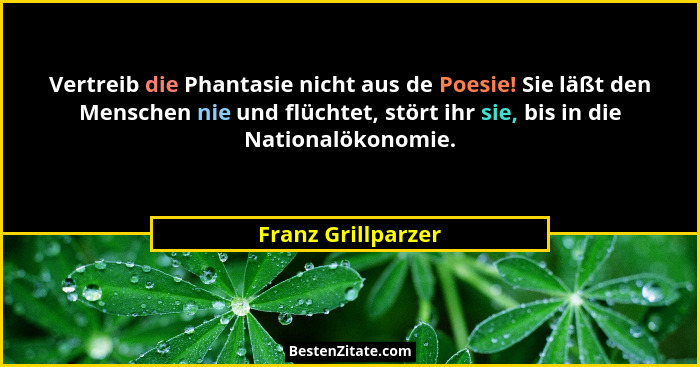 Vertreib die Phantasie nicht aus de Poesie! Sie läßt den Menschen nie und flüchtet, stört ihr sie, bis in die Nationalökonomie.... - Franz Grillparzer
