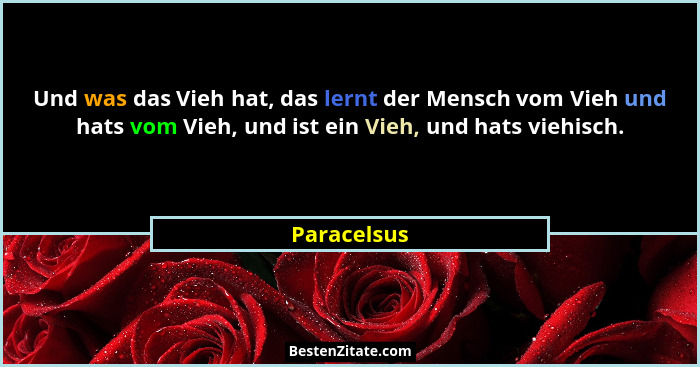 Und was das Vieh hat, das lernt der Mensch vom Vieh und hats vom Vieh, und ist ein Vieh, und hats viehisch.... - Paracelsus