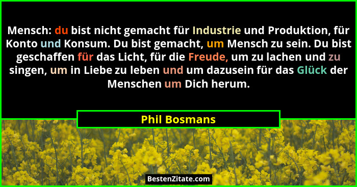 Mensch: du bist nicht gemacht für Industrie und Produktion, für Konto und Konsum. Du bist gemacht, um Mensch zu sein. Du bist geschaffe... - Phil Bosmans
