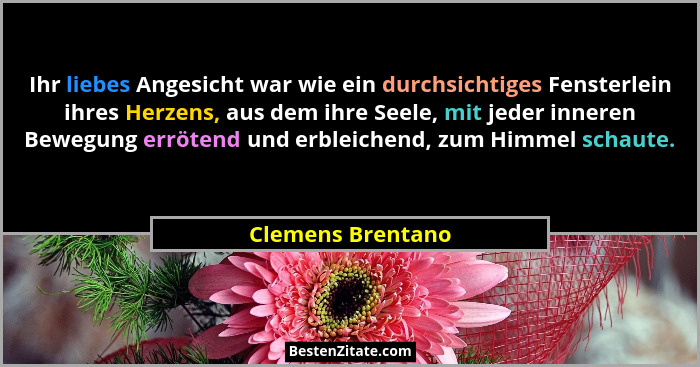 Ihr liebes Angesicht war wie ein durchsichtiges Fensterlein ihres Herzens, aus dem ihre Seele, mit jeder inneren Bewegung errötend... - Clemens Brentano