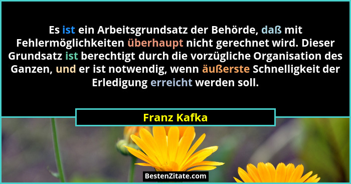 Es ist ein Arbeitsgrundsatz der Behörde, daß mit Fehlermöglichkeiten überhaupt nicht gerechnet wird. Dieser Grundsatz ist berechtigt dur... - Franz Kafka