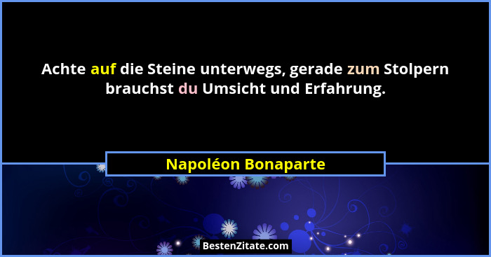 Achte auf die Steine unterwegs, gerade zum Stolpern brauchst du Umsicht und Erfahrung.... - Napoléon Bonaparte