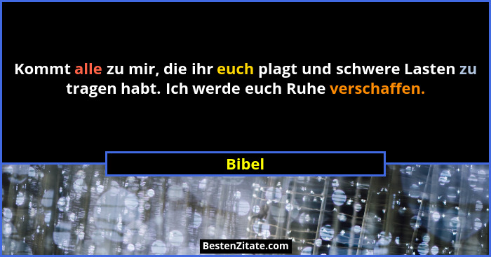 Kommt alle zu mir, die ihr euch plagt und schwere Lasten zu tragen habt. Ich werde euch Ruhe verschaffen.... - Bibel
