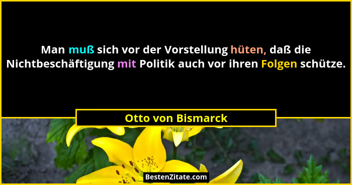 Man muß sich vor der Vorstellung hüten, daß die Nichtbeschäftigung mit Politik auch vor ihren Folgen schütze.... - Otto von Bismarck