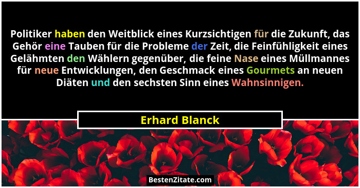 Politiker haben den Weitblick eines Kurzsichtigen für die Zukunft, das Gehör eine Tauben für die Probleme der Zeit, die Feinfühligkeit... - Erhard Blanck
