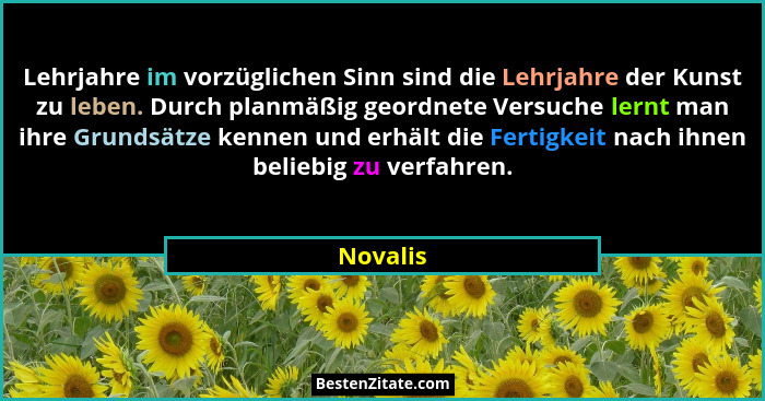 Lehrjahre im vorzüglichen Sinn sind die Lehrjahre der Kunst zu leben. Durch planmäßig geordnete Versuche lernt man ihre Grundsätze kennen un... - Novalis