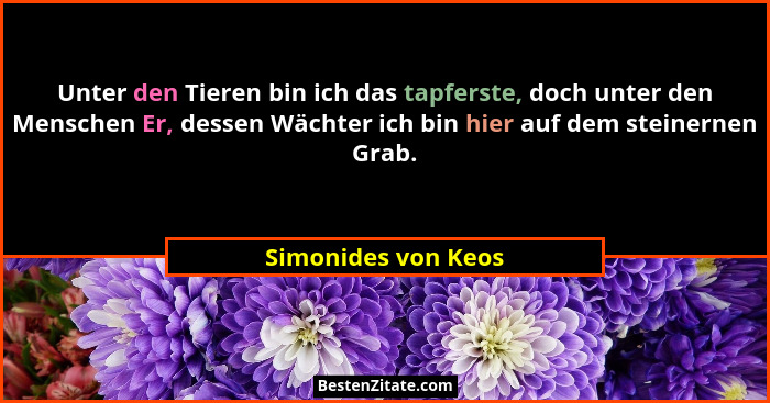 Unter den Tieren bin ich das tapferste, doch unter den Menschen Er, dessen Wächter ich bin hier auf dem steinernen Grab.... - Simonides von Keos