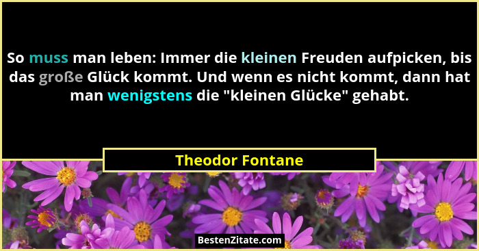 So muss man leben: Immer die kleinen Freuden aufpicken, bis das große Glück kommt. Und wenn es nicht kommt, dann hat man wenigstens... - Theodor Fontane