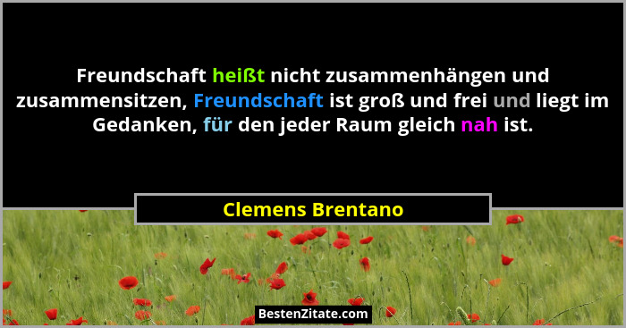 Freundschaft heißt nicht zusammenhängen und zusammensitzen, Freundschaft ist groß und frei und liegt im Gedanken, für den jeder Rau... - Clemens Brentano