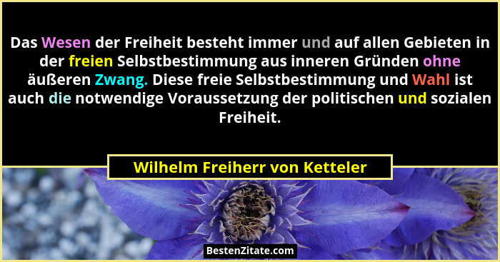 Das Wesen der Freiheit besteht immer und auf allen Gebieten in der freien Selbstbestimmung aus inneren Gründen ohne äu... - Wilhelm Freiherr von Ketteler