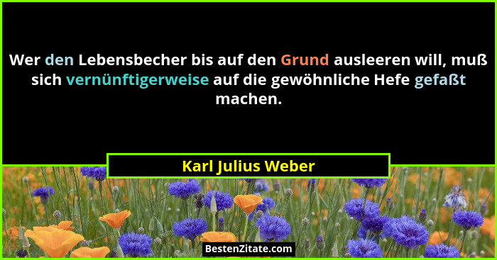 Wer den Lebensbecher bis auf den Grund ausleeren will, muß sich vernünftigerweise auf die gewöhnliche Hefe gefaßt machen.... - Karl Julius Weber