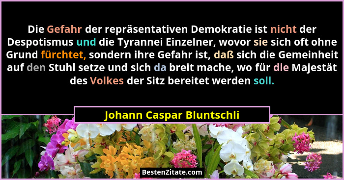 Die Gefahr der repräsentativen Demokratie ist nicht der Despotismus und die Tyrannei Einzelner, wovor sie sich oft ohne Gru... - Johann Caspar Bluntschli