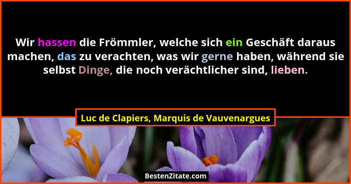 Wir hassen die Frömmler, welche sich ein Geschäft daraus machen, das zu verachten, was wir gerne haben, wäh... - Luc de Clapiers, Marquis de Vauvenargues