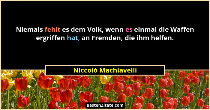 Niemals fehlt es dem Volk, wenn es einmal die Waffen ergriffen hat, an Fremden, die ihm helfen.... - Niccolò Machiavelli