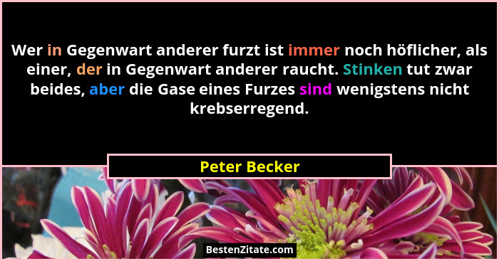 Wer in Gegenwart anderer furzt ist immer noch höflicher, als einer, der in Gegenwart anderer raucht. Stinken tut zwar beides, aber die... - Peter Becker