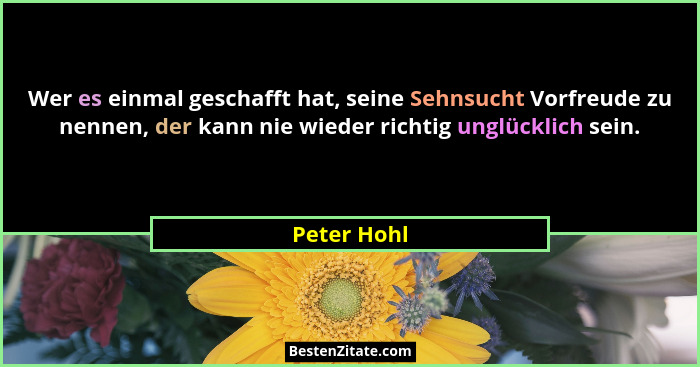 Wer es einmal geschafft hat, seine Sehnsucht Vorfreude zu nennen, der kann nie wieder richtig unglücklich sein.... - Peter Hohl