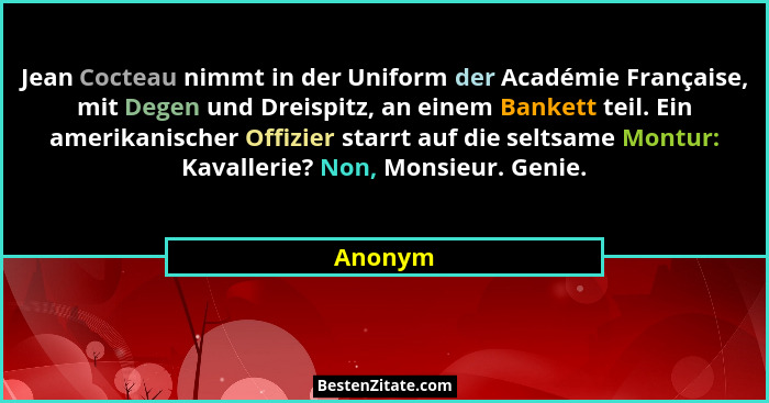 Jean Cocteau nimmt in der Uniform der Académie Française, mit Degen und Dreispitz, an einem Bankett teil. Ein amerikanischer Offizier starrt... - Anonym
