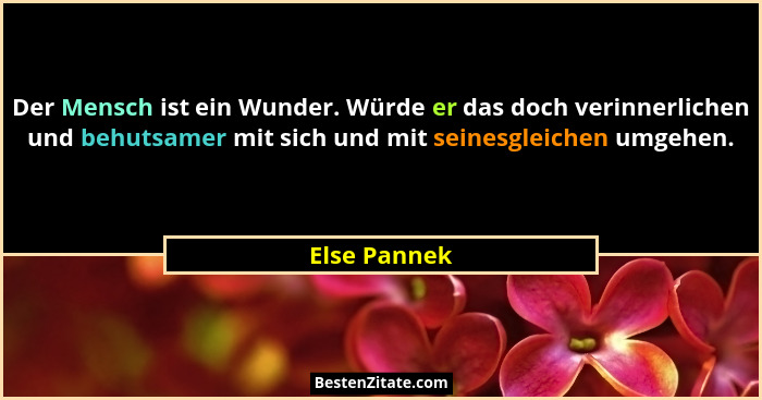 Der Mensch ist ein Wunder. Würde er das doch verinnerlichen und behutsamer mit sich und mit seinesgleichen umgehen.... - Else Pannek