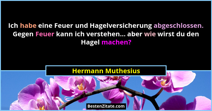 Ich habe eine Feuer und Hagelversicherung abgeschlossen. Gegen Feuer kann ich verstehen... aber wie wirst du den Hagel machen?... - Hermann Muthesius