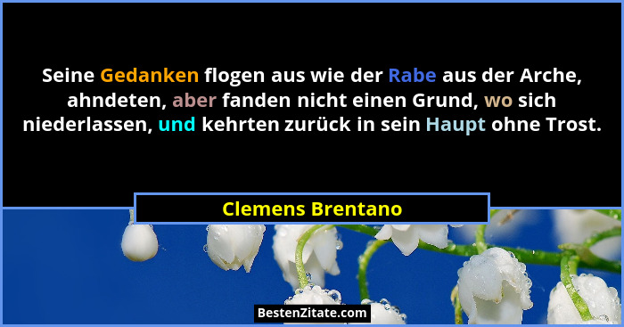 Seine Gedanken flogen aus wie der Rabe aus der Arche, ahndeten, aber fanden nicht einen Grund, wo sich niederlassen, und kehrten zu... - Clemens Brentano