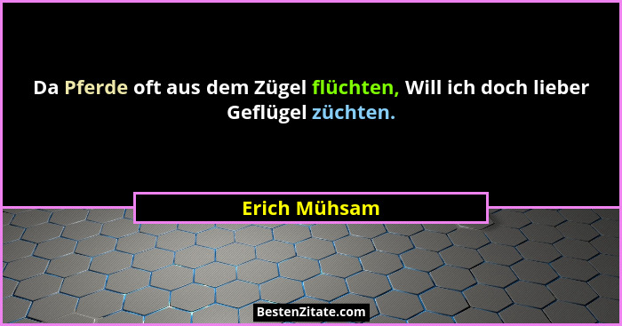 Da Pferde oft aus dem Zügel flüchten, Will ich doch lieber Geflügel züchten.... - Erich Mühsam