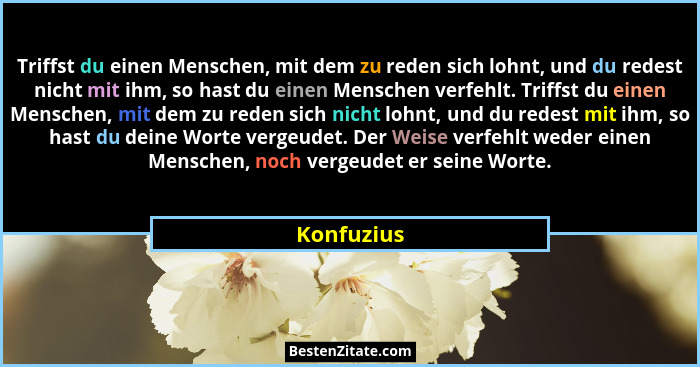 Triffst du einen Menschen, mit dem zu reden sich lohnt, und du redest nicht mit ihm, so hast du einen Menschen verfehlt. Triffst du einen... - Konfuzius
