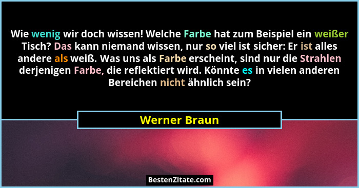Wie wenig wir doch wissen! Welche Farbe hat zum Beispiel ein weißer Tisch? Das kann niemand wissen, nur so viel ist sicher: Er ist alle... - Werner Braun