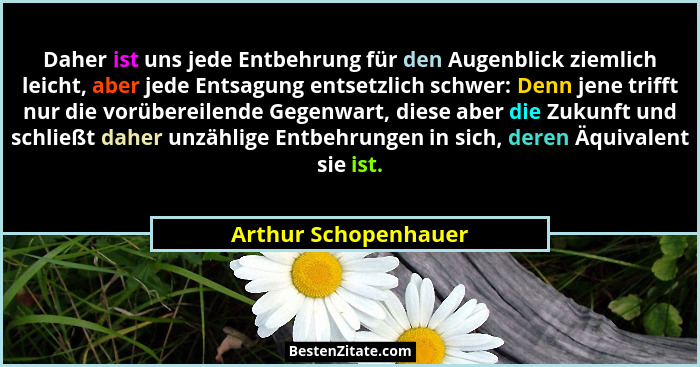 Daher ist uns jede Entbehrung für den Augenblick ziemlich leicht, aber jede Entsagung entsetzlich schwer: Denn jene trifft nur d... - Arthur Schopenhauer