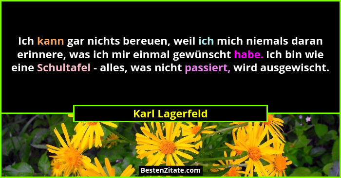 Ich kann gar nichts bereuen, weil ich mich niemals daran erinnere, was ich mir einmal gewünscht habe. Ich bin wie eine Schultafel - a... - Karl Lagerfeld