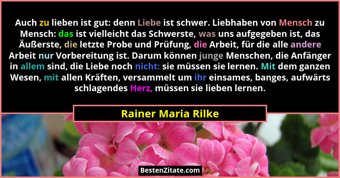 Auch zu lieben ist gut: denn Liebe ist schwer. Liebhaben von Mensch zu Mensch: das ist vielleicht das Schwerste, was uns aufgegeb... - Rainer Maria Rilke