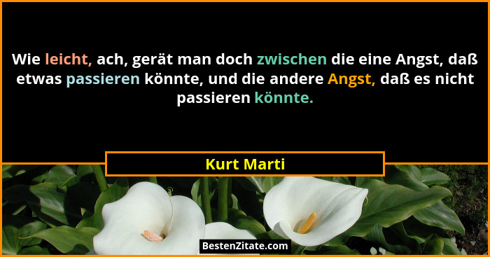 Wie leicht, ach, gerät man doch zwischen die eine Angst, daß etwas passieren könnte, und die andere Angst, daß es nicht passieren könnte.... - Kurt Marti