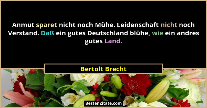 Anmut sparet nicht noch Mühe. Leidenschaft nicht noch Verstand. Daß ein gutes Deutschland blühe, wie ein andres gutes Land.... - Bertolt Brecht