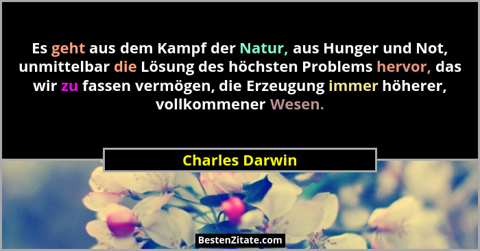 Es geht aus dem Kampf der Natur, aus Hunger und Not, unmittelbar die Lösung des höchsten Problems hervor, das wir zu fassen vermögen,... - Charles Darwin