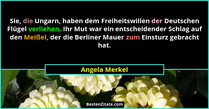 Sie, die Ungarn, haben dem Freiheitswillen der Deutschen Flügel verliehen. Ihr Mut war ein entscheidender Schlag auf den Meißel, der d... - Angela Merkel