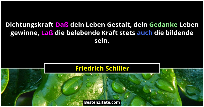 Dichtungskraft Daß dein Leben Gestalt, dein Gedanke Leben gewinne, Laß die belebende Kraft stets auch die bildende sein.... - Friedrich Schiller
