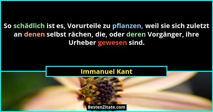 So schädlich ist es, Vorurteile zu pflanzen, weil sie sich zuletzt an denen selbst rächen, die, oder deren Vorgänger, ihre Urheber gew... - Immanuel Kant