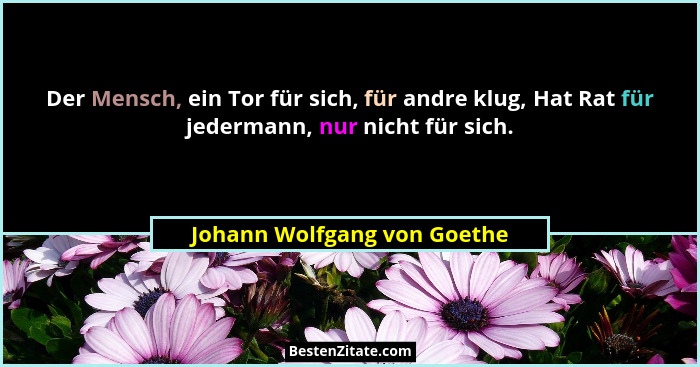 Der Mensch, ein Tor für sich, für andre klug, Hat Rat für jedermann, nur nicht für sich.... - Johann Wolfgang von Goethe