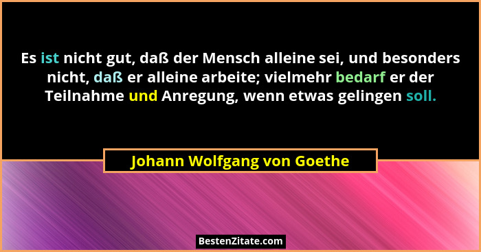 Es ist nicht gut, daß der Mensch alleine sei, und besonders nicht, daß er alleine arbeite; vielmehr bedarf er der Teilnah... - Johann Wolfgang von Goethe