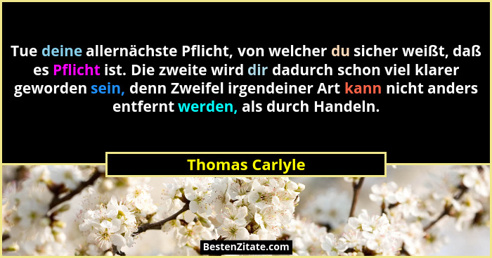 Tue deine allernächste Pflicht, von welcher du sicher weißt, daß es Pflicht ist. Die zweite wird dir dadurch schon viel klarer geword... - Thomas Carlyle