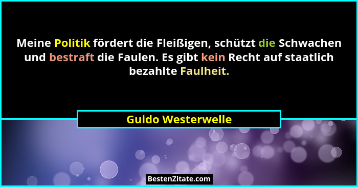 Meine Politik fördert die Fleißigen, schützt die Schwachen und bestraft die Faulen. Es gibt kein Recht auf staatlich bezahlte Faul... - Guido Westerwelle