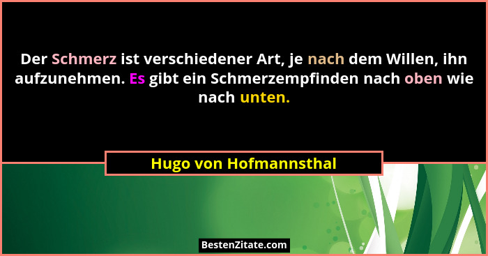 Der Schmerz ist verschiedener Art, je nach dem Willen, ihn aufzunehmen. Es gibt ein Schmerzempfinden nach oben wie nach unten.... - Hugo von Hofmannsthal