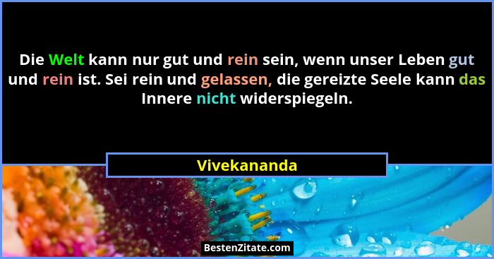 Die Welt kann nur gut und rein sein, wenn unser Leben gut und rein ist. Sei rein und gelassen, die gereizte Seele kann das Innere nicht... - Vivekananda
