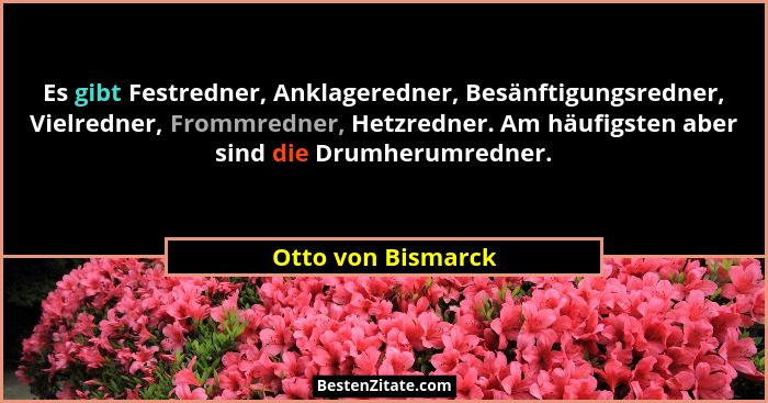 Es gibt Festredner, Anklageredner, Besänftigungsredner, Vielredner, Frommredner, Hetzredner. Am häufigsten aber sind die Drumherum... - Otto von Bismarck