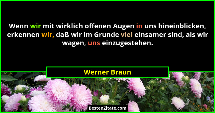Wenn wir mit wirklich offenen Augen in uns hineinblicken, erkennen wir, daß wir im Grunde viel einsamer sind, als wir wagen, uns einzug... - Werner Braun